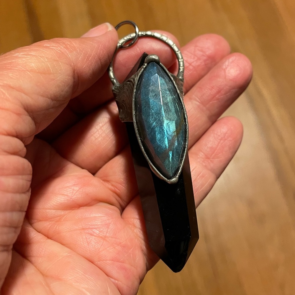 Obsidian Crystal Point Blue Labradorite Callisto HandMade One of a Kind Pendant